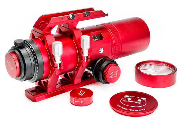 William Optics Cat61 RedCat 61mm f/4.9 Petzval APO Refractor Telescope (L-RC61) with included accessories - side view | William Optics Cat61 RedCat 61 WIFD f/4.9 Petzval APO Refractor Telescope (L-RC61)